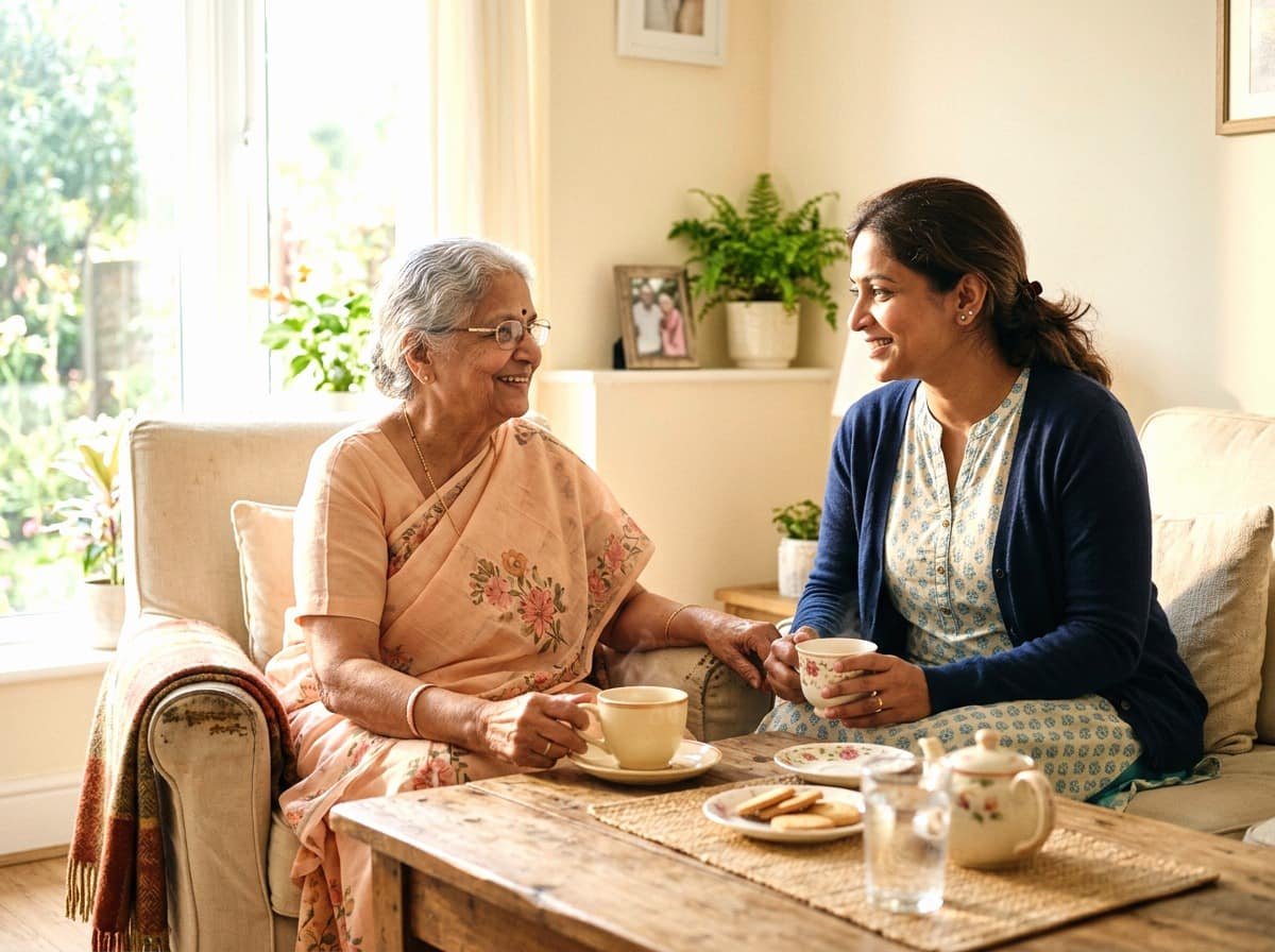 A Femino caregiver sharing tea with an elderly woman in her living room
